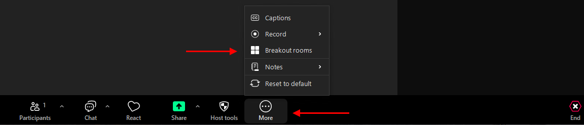 Arrow pointing at Breakout Room icon in Zoom app